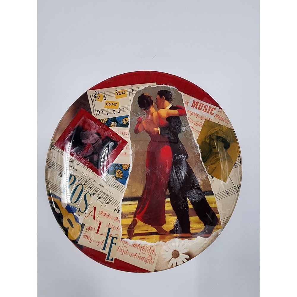 Vintage Rosalie Decoupage Glass Plate Romantic Ballroom Dance Music Theme 8in